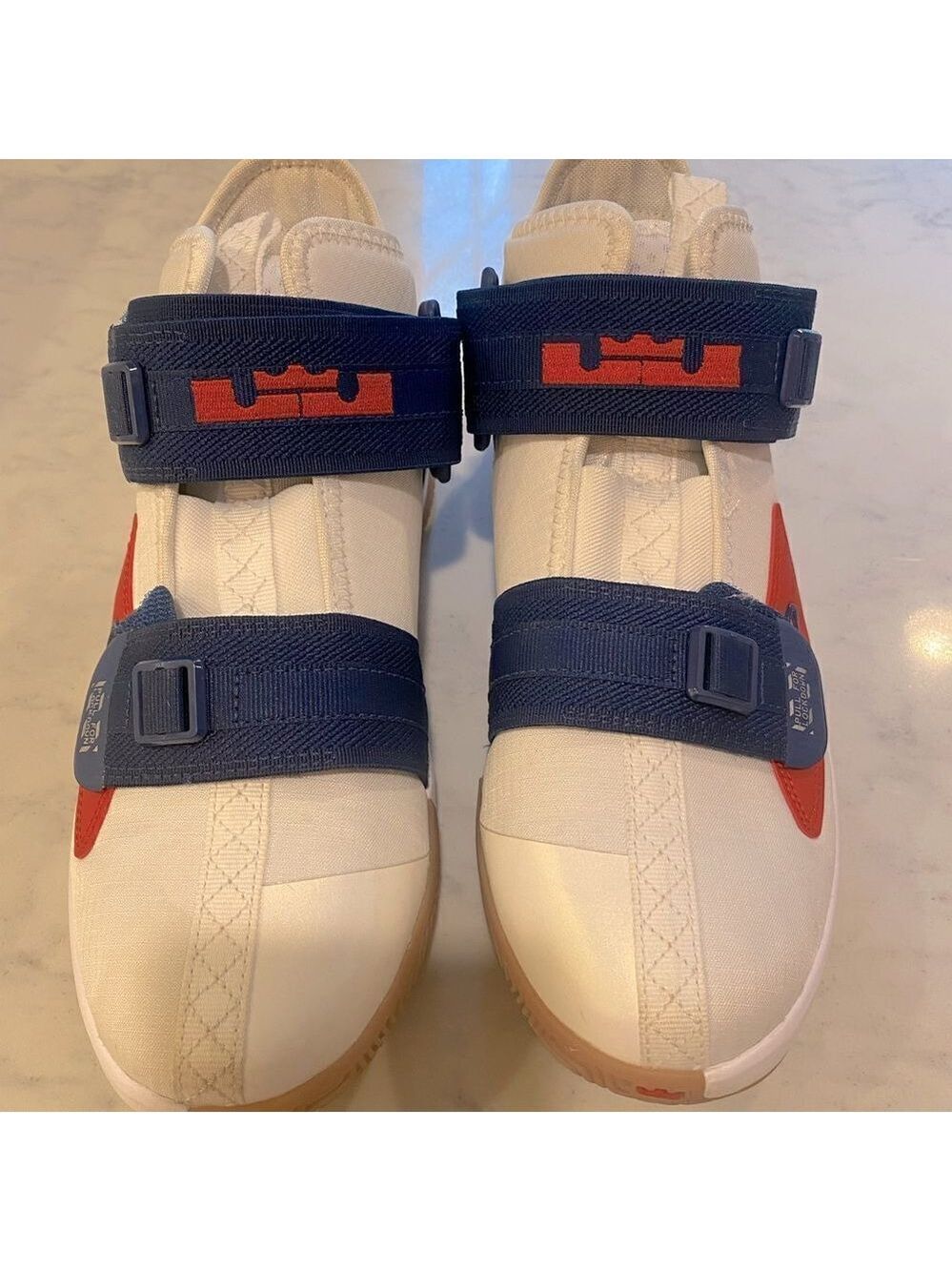 Nike LeBron Soldiers. White. Accent in red and blue.